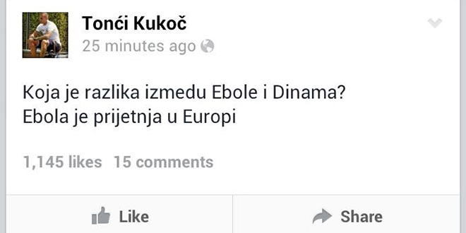 Kukoč briljira na Facebooku: Pročitajte koja je razlika između ebole i Dinama...