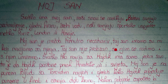 MOJ SAN: Učenica zagrebačke škole posvetila zadaćnicu Hajduku, pročitajte emotivan tekst