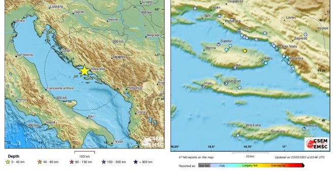 DALMATINCE PROBUDIO POTRES Epicentar je bio u moru kraj Makarske, magnituda 3.4 po Richteru