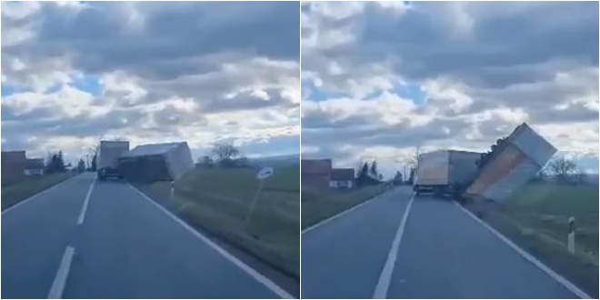 VIDEO Vjetar prevrnuo prikolicu kod Kutjeva