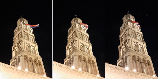 DAN DRŽAVNOSTI Velika hrvatska zastava vijori se sa zvonika katedrale svetog Duje