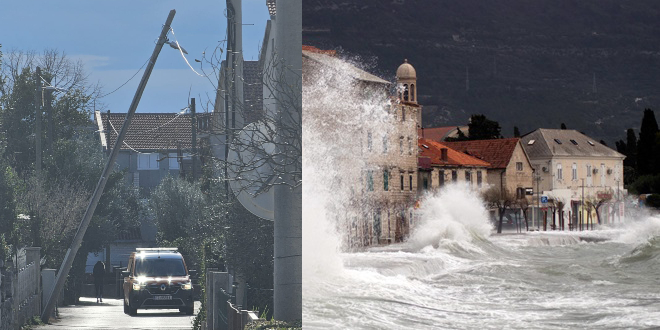 Bura u Kaštelima iskrivila rasvjetni stup