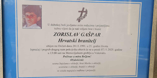 34 GODINE NAKON Na Memorijalnom groblju u Vukovaru danas posljednji ispraćaj Zorislava Gašpara