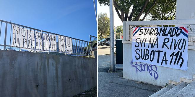 Transparenti koji pozivaju na Torcidin prosvjed na Firulama i u Supetru